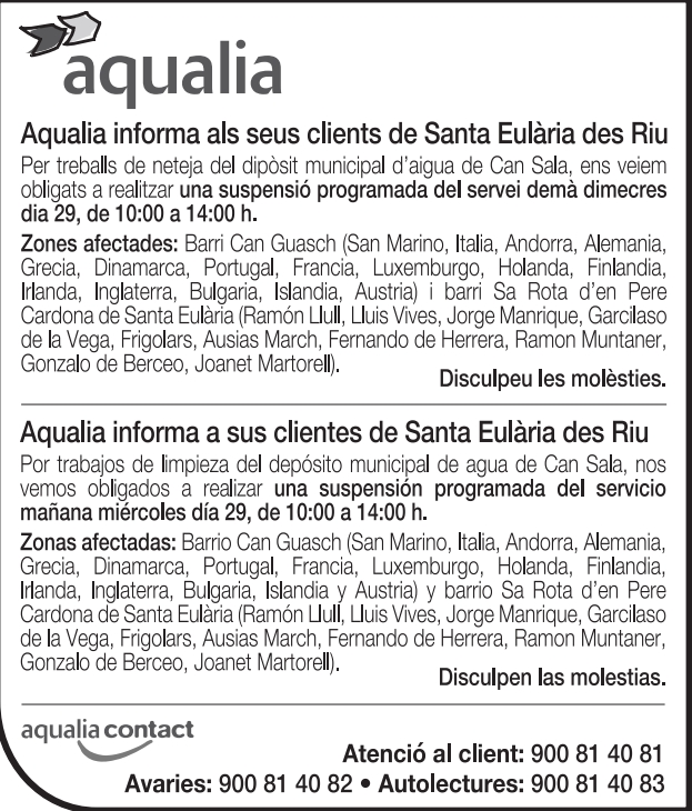 Avís de tall temporal d'aigua aquest dimecres a Can Guasch i sa Rota d'en Pere Cardona