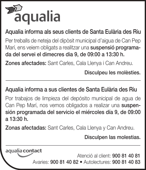 Suspensión temporal del suministro de agua en zonas de Santa Eulalia del Río el 9 de marzo