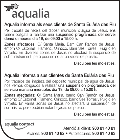 Suspensión temporal del suministro de agua en zonas de Jesús el 19 de octubre.