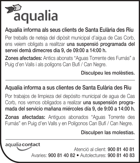 Suspensión temporal del suministro de agua en zonas de Santa Eulària des Riu el 9 de noviembre