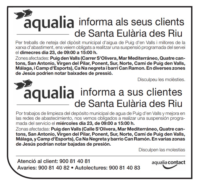 Suspensión temporal del suministro de agua en zonas de Es Puig d'en Valls el 23 de noviembre.