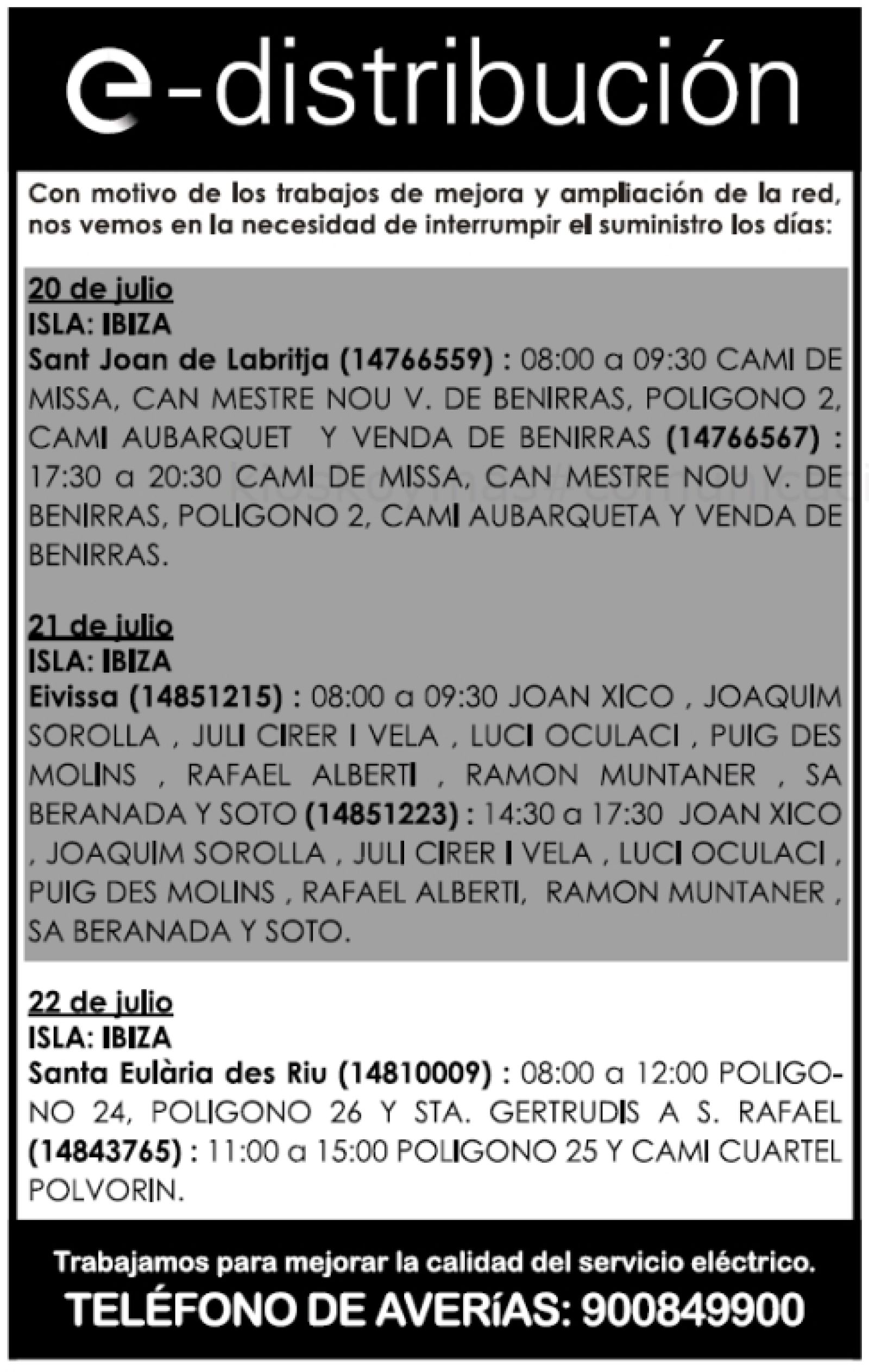 Corte programado de electricidad por parte de Endesa el día 22 de julio en zonas de Santa Gertrudis