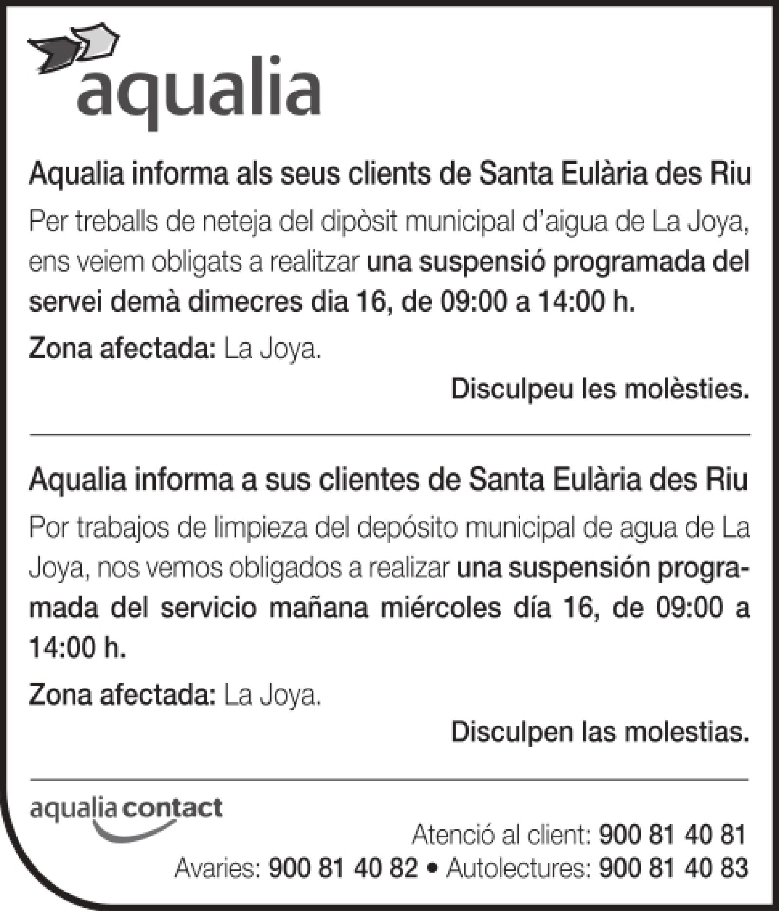Suspensión temporal del suministro de agua en zonas de Sant Carles el 16 de noviembre.