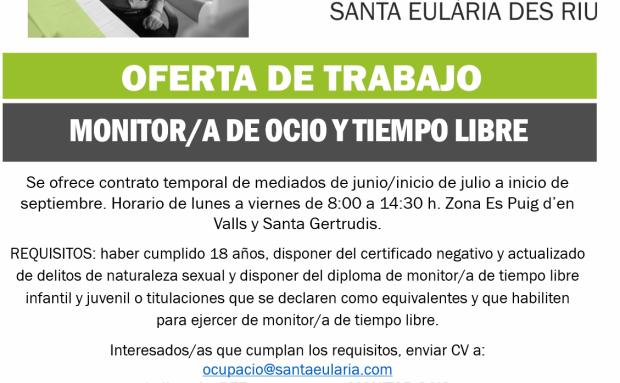 El Ayuntamiento de Santa Eulària des Riu abre un procedimiento para la contratación de monitores de tiempo libre