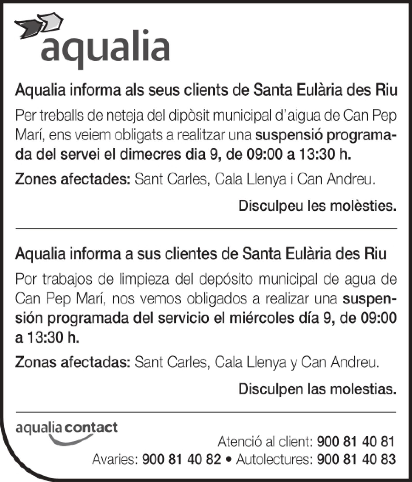 Suspensión temporal del suministro de agua en zonas de Santa Eulalia del Río el 9 de marzo