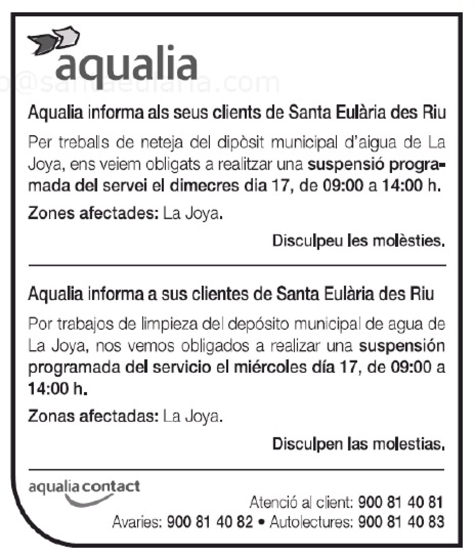 Suspensión temporal del suministro de agua en zonas de Santa Eulària des Riu el 17 de noviembre