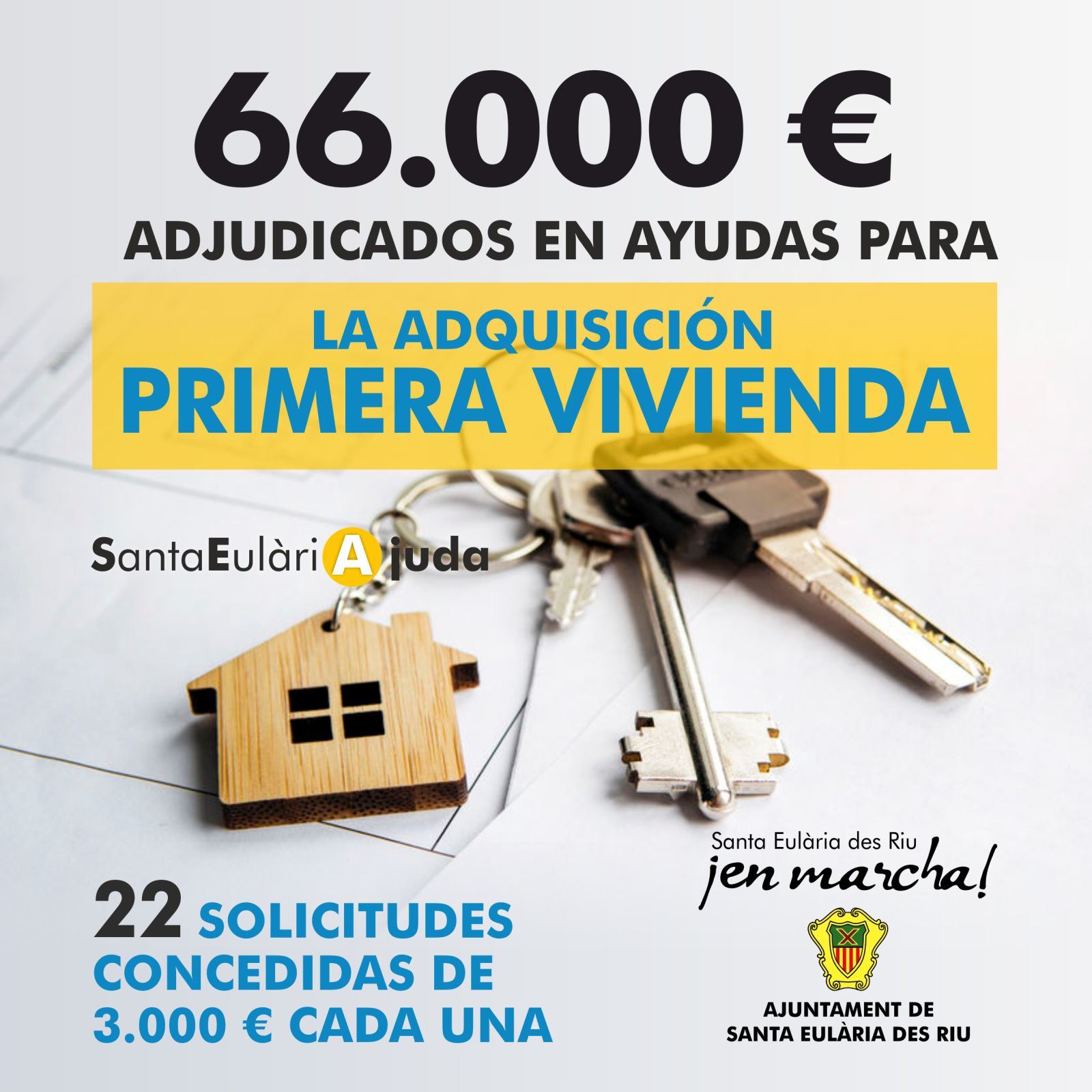 El Ayuntamiento de Santa Eulària des Riu destina 66.000 euros para ofrecer 22 ayudas de 3.000 euros para aliviar los gastos derivados de la compra de la primera vivienda