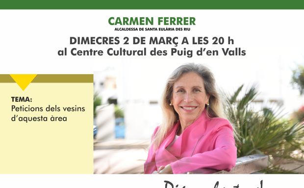 Carmen Ferrer se reunirá con vecinos de la zona urbana de es Puig d'en Valls el 2 de marzo