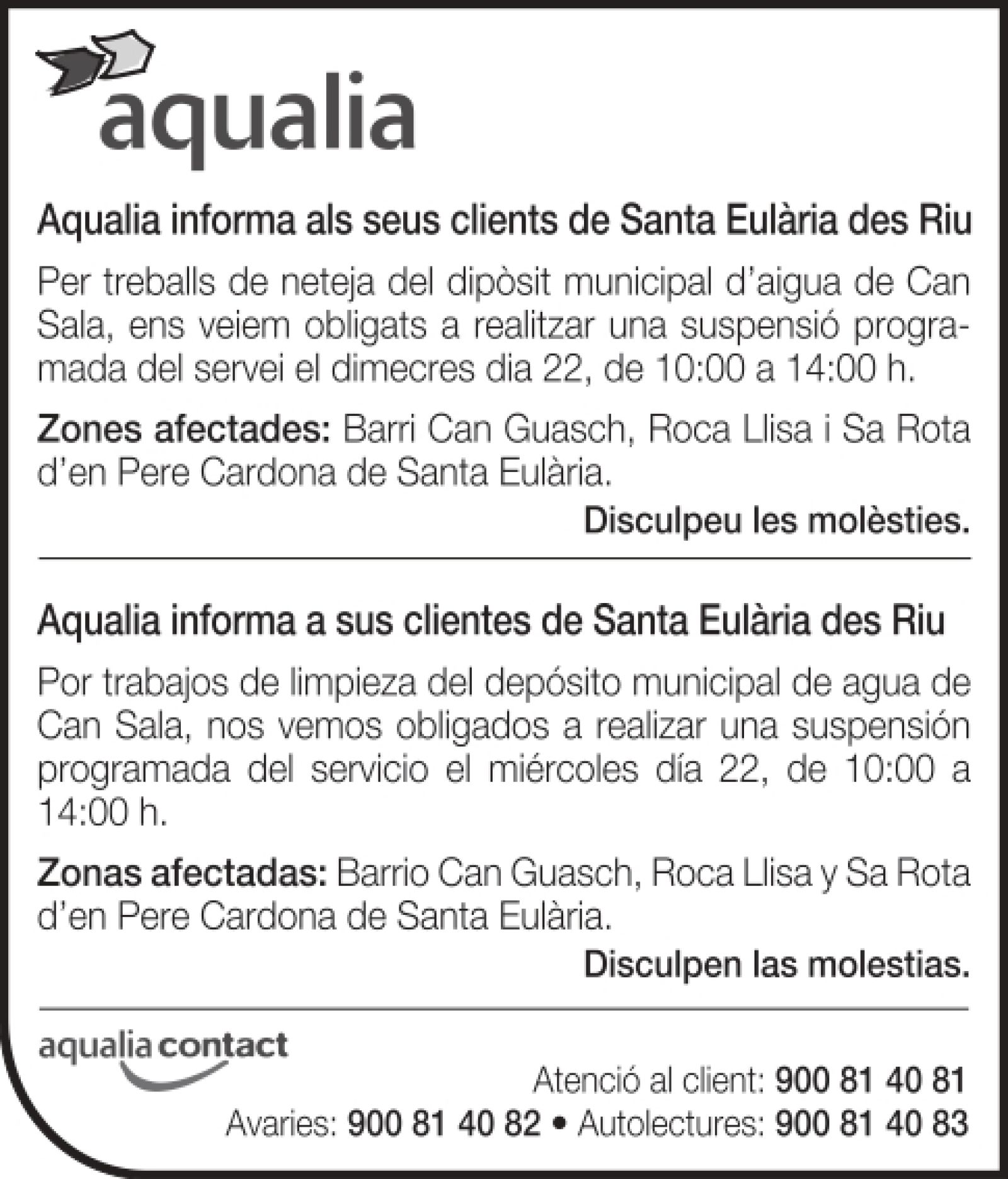 Suspensión temporal del suministro de agua en zonas de Santa Eulària des Riu el 22 de diciembre