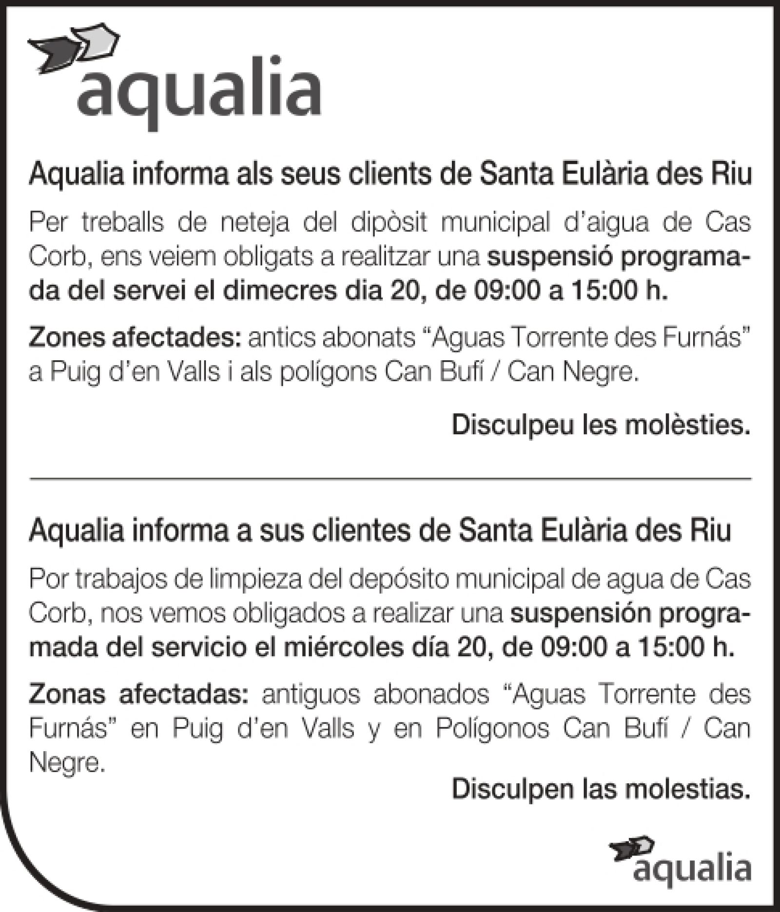 Suspensión temporal del suministro de agua en zonas de Santa Eulària des Riu el 20 de octubre