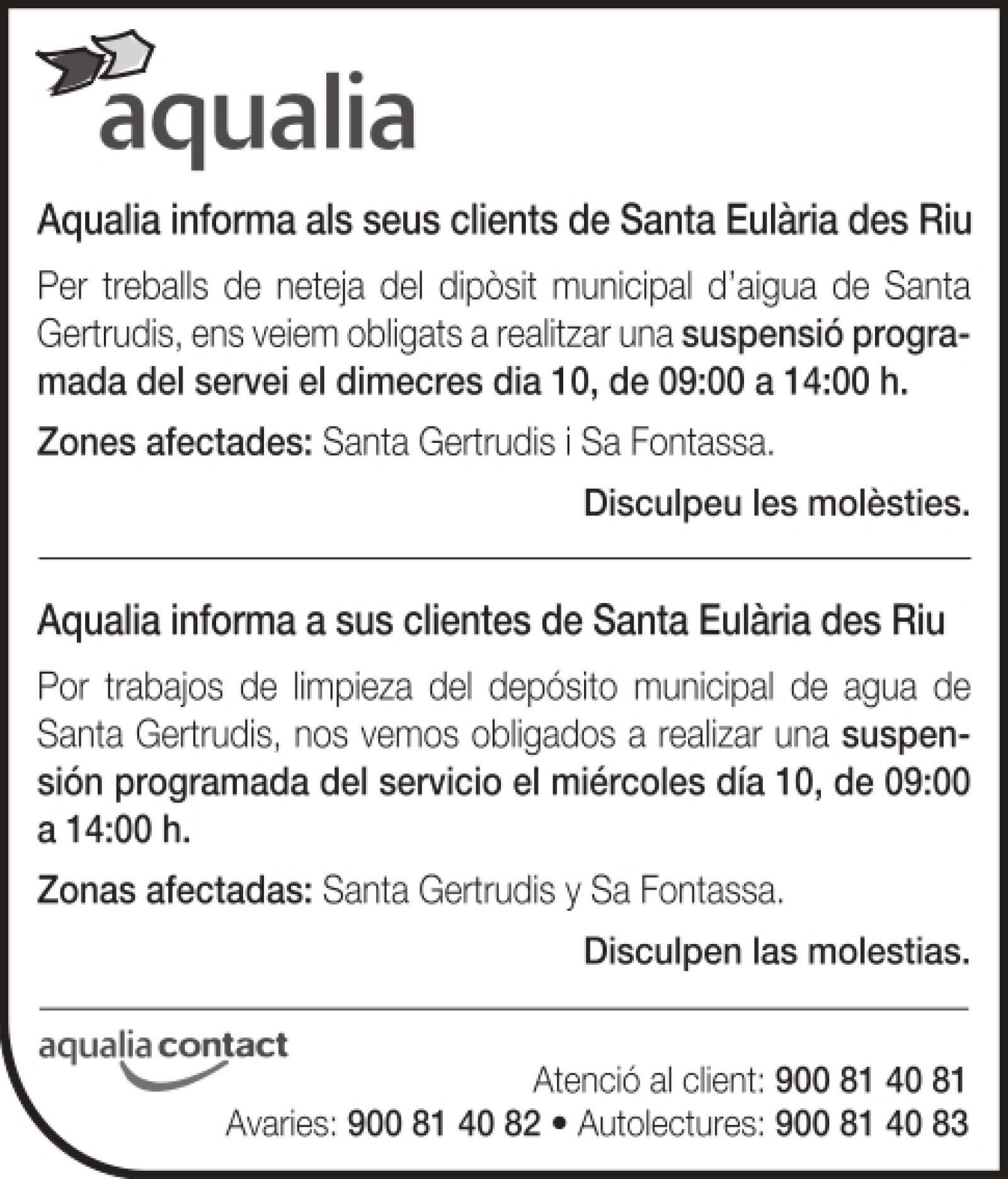 Suspensión temporal del suministro de agua en zonas de Santa Eulària des Riu el 10 de noviembre