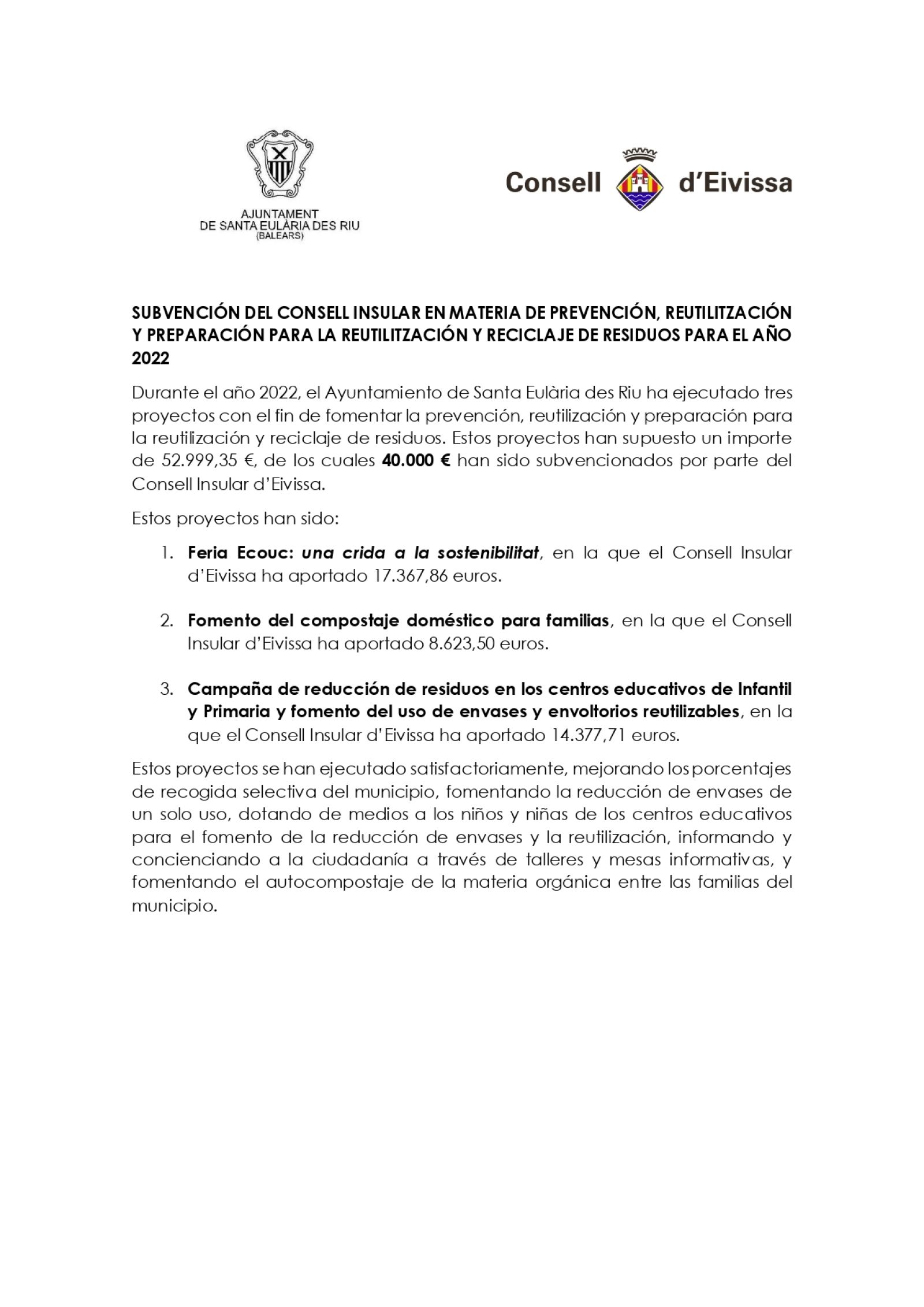 Subvención del Consell Insular d'Eivissa en materia de prevención, reutilización y preparación para la reutilización y el reciclaje de residuos para el año 2022