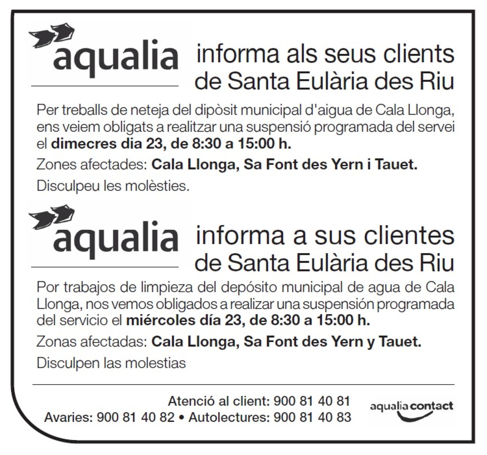 Suspensión temporal del suministro de agua en zonas de Santa Eulària des Riu el 23 de febrero